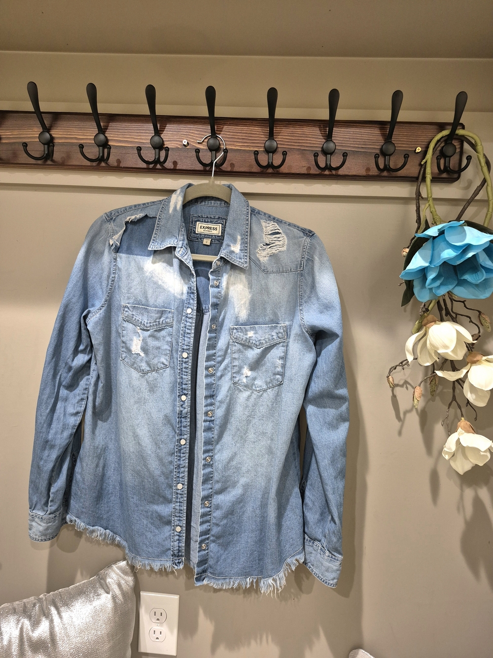 Size S Express Women's Light Blue Distressed Denim Boyfriend SHIRT